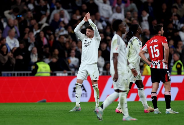 Soccer Football - LaLiga - Real Madrid v Athletic Bilbao - Santiago Bernabeu, Madrid, Spain - April 20, 2025 Real Madrid's Federico Valverde celebrates scoring their first goal REUTERS/Isabel Infantes