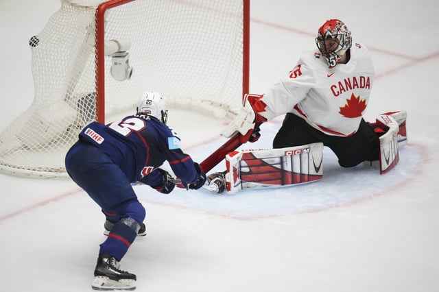 United States' Tessa Janecke scores a sucden death goal in overtime during the gold medal match between Canada and United States at the Women's Ice Hockey Championships in Ceske Budejovice, Czech Republic, Sunday, April 20, 2025. 