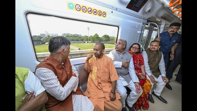 Chief minister Yogi Adityanath takes a metro ride from Nayaganj station to Rawatpur station, in Kanpur on Sunday. (@CMOfficeUP)
