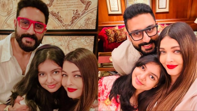 Aishwarya Rai shared a photo with Abhishek Bachchan and Aaradhya Bachchan.