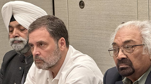 Lok Sabha LoP and Congress MP Rahul Gandhi in a meeting with Congress Overseas Chief Sam Pitroda, in Boston on Sunday.
