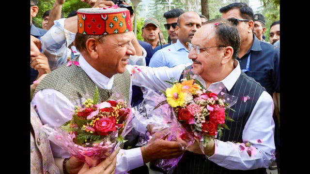 Union health minister and BJP national president JP Nadda with BJP’s Himachal Pradesh president Rajeev Bindal in Chamba on Sunday. (ANI)