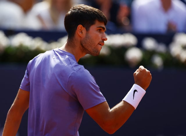 Tennis - ATP 500 - Barcelona Open - Real Club de Tenis Barcelona, Barcelona, Spain - April 20, 2025 Spain's Carlos Alcaraz reacts during the final against Denmark's Holger Rune REUTERS/Bruna Casas