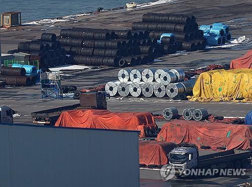 Steel products are piled up at a port in Pyeongtaek, about 65 kilometers south of Seoul, in this file photo taken Feb. 11, 2025. (Yonhap)
