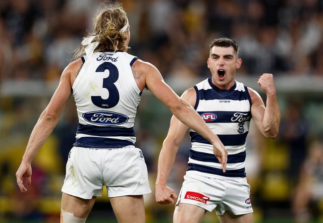 Shaun Mannagh’s late goal has sealed Geelong a narrow win over Hawthorn in an Easter Monday classic. 