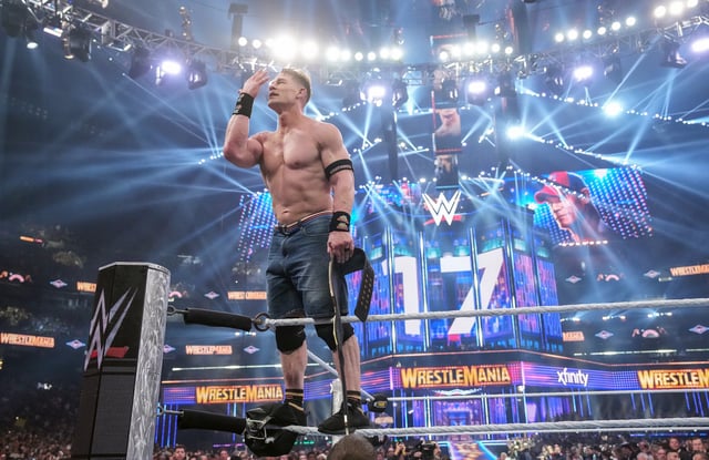 John Cena celebrates his win during WrestleMania 41 on April 20, 2025 in Las Vegas, NV.