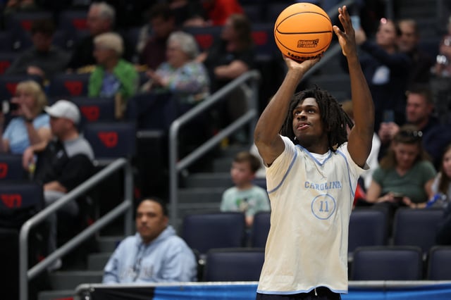 Mar 17, 2025; Dayton, OH, USA; North Carolina Tar Heels guard Ian Jackson (11) shoots the ball during the First Four Practice at UD Arena. Mandatory Credit: Rick Osentoski-Imagn Images/ File Photo