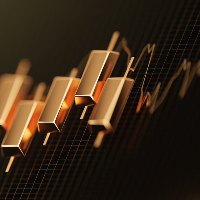 Business gold candlestick investment stock exchange wealth financial concept on 3d golden trade market background of growth finance chart success commercial graph diagram or savings trading value.