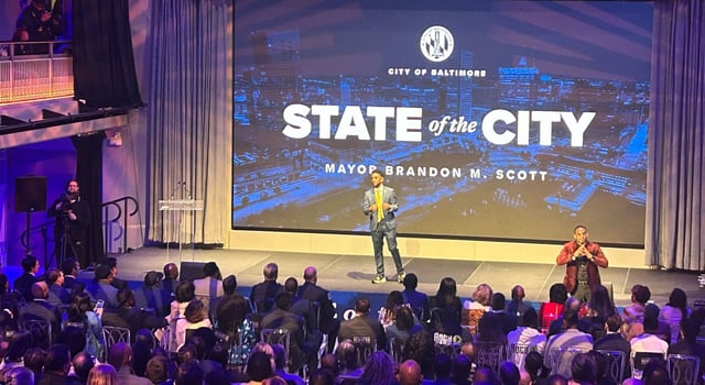 Baltimore Mayor Brandon Scott gives his annual State of the City speech Monday. (Hannah Gaskill/Staff)