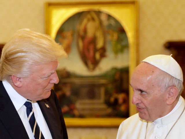 Pope Francis (R) meets with US President Donald Trump during a private audience at the Vatican on May 24, 2017. US President Donald Trump met Pope Francis at the Vatican today in a keenly-anticipated first face-to-face encounter between two world leaders who have clashed repeatedly on several issues.