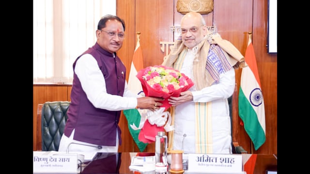 Chhattisgarh chief minister Vishnu Deo Sai meets Union home minister Amit Shah in New Delhi on Monday. (ANI)