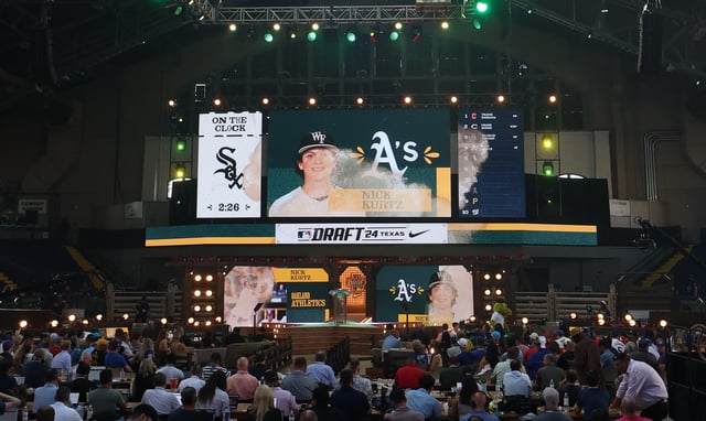 Jul 14, 2024; Ft. Worth, TX, USA; The Oakland Athletics draft  Nick Kurtz as the fourth pick during the first round of the MLB Draft at Cowtown Coliseum. Mandatory Credit: Kevin Jairaj-USA TODAY Sports/File Photo