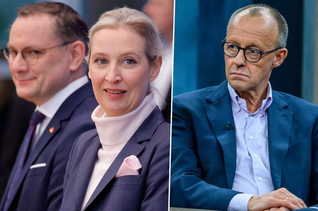 Das Bild zeigt Tino Chrupalla, Alice Weidel und Friedrich Merz.