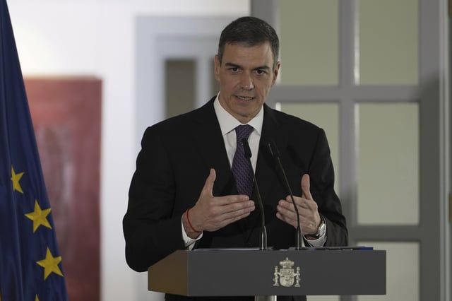 FILE - Spain's Prime Minister Pedro Sanchez speaks during a press conference at the Spanish Embassy in Beijing Friday, April 11, 2025. (AP Photo/Ng Han Guan, File)