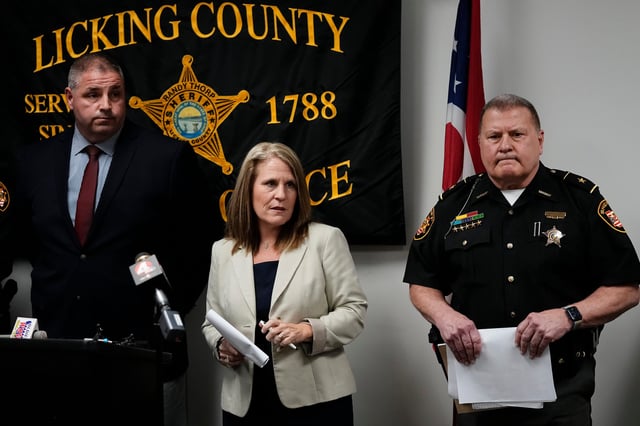 From right, Sheriff Randy Thorp, prosecutor Jenny Wells and investigator Gus Moore speak during a press conference about Gary Thomas Keesee Jr., 36, who was arrested Friday at the Licking County Sheriffs Office in Newark on April 21, 2025. A Knox County grand jury indicted Keesee, the son of Faith Life Church's founders, on 27 counts including rape, gross sexual imposition and unlawful sexual conduct with a minor.
