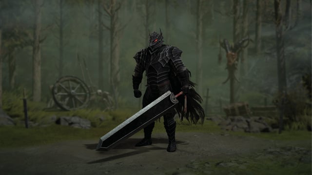 A barbarian wearing Berserk-themed armor in Diablo 4.