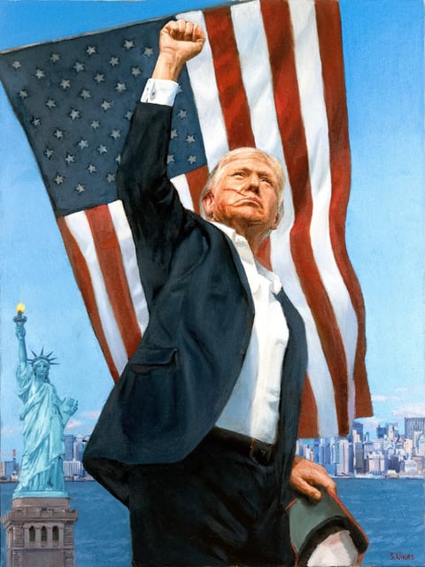 The Kremlin-commissioned artwork by Nikas Safronov shows Trump raising his fist on stage after the failed assassination attempt at his Butler, Pennsylvania rally in July 2024.
