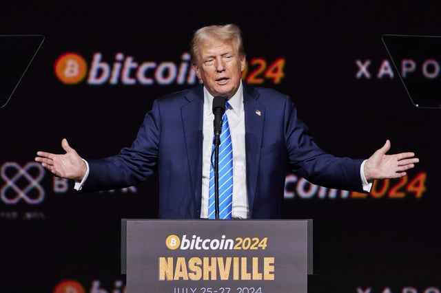 President Donald Trump during a speech at the 2025 Bitcoin Conference in Nashville in which he called for the U.S. to become the &#34;crypto capital of the planet.&#34;