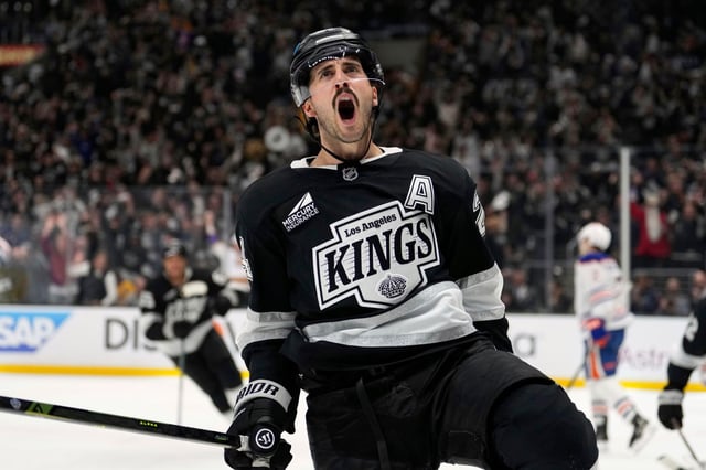 Kings center Phillip Danault celebrates his goal during the second period of Game 1 of their first-round playoff series against the Edmonton Oilers on Monday night, April 21, 2025, at Crypto.com Arena. Danault later scored the game-winning goal with 41.1 seconds left in their 6-5 victory. (AP Photo/Mark J. Terrill)
