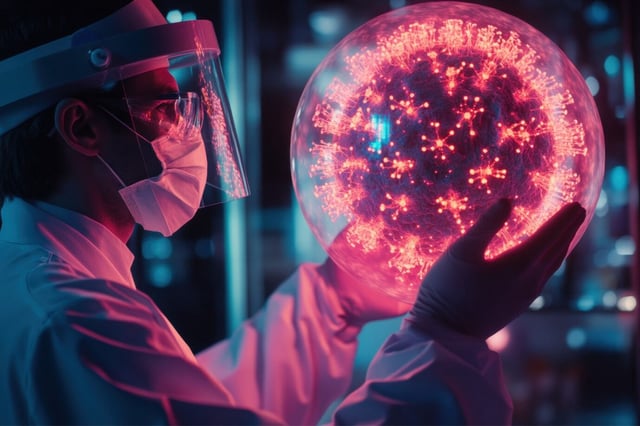 Das Bild zeigt einen Wissenschaftler mit einem 3D-Modell des Coronavirus. Der BND hat nun vor Gericht eingeräumt bekommen, seine Erkenntnisse zum Ursprung der Pandemie nicht offenlegen zu müssen.