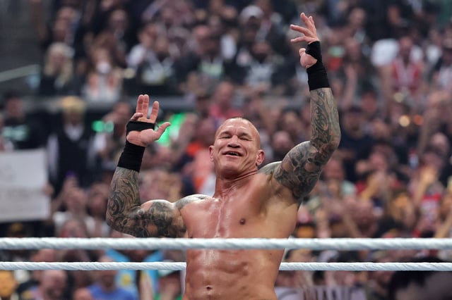 LAS VEGAS, NEVADA - APRIL 20: Randy Orton celebrates after defeating Joe Hendry during WrestleMania 41 at Allegiant Stadium on April 20, 2025 in Las Vegas, Nevada.