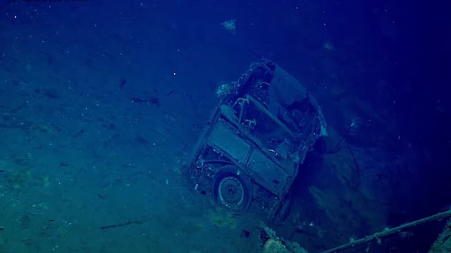The partially intact vehicle was discovered inside the hangar deck of the USS Yorktown, a vessel sunk by Japanese forces during World War II.