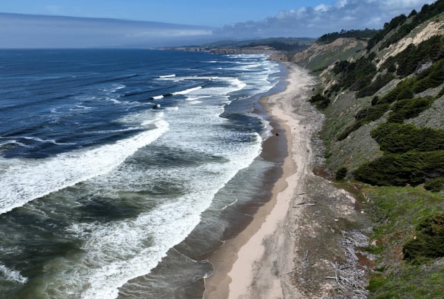A drone view of the San Gregorio Ranch Beach in San Gregorio, Calif., on Wednesday, April 16, 2025. The Peninsula Open Space Trust is purchasing the 195-acre property for $10 million. (Jane Tyska/Bay Area News Group)