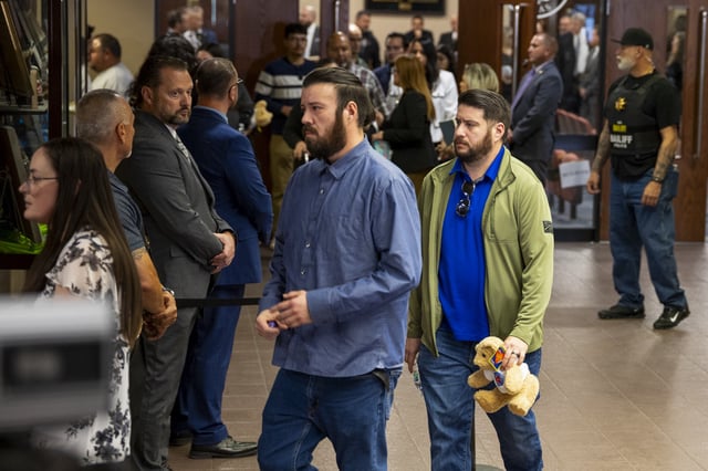 Families embrace as they leave the 409th District Court after Patrick Crusius pleaded guilty in the death of 23 people in the Aug. 3. 2019 Walmart Mass shooting, Monday, April 21, 2025, in El Paso, Texas. (AP Photo/Ivan Pierre Aguirre)