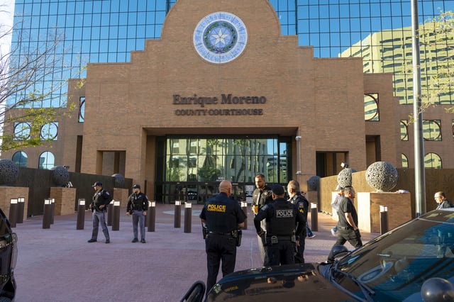 A heavy security presence is seen outside the El Paso County Court House on the day Patrick Crusius is set to plea guilty to the Aug. 3. 2019 Walmart Mass shooting that left 23 dead, Monday, April 21, 2025, in El Paso, Texas. (AP Photo/Ivan Pierre Aguirre)