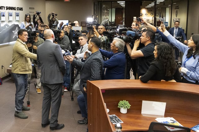El Paso District Attorney James Montoya talks to media outside the 409th District Court after Patrick Crusius pleaded guilty in the death of 23 people in the Aug. 3. 2019 Walmart Mass shooting, Monday, April 21, 2025, in El Paso, Texas. (AP Photo/Ivan Pierre Aguirre)