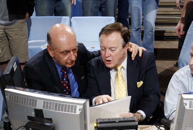 Feb 6, 2008, Chapel Hill, NC, USA; ESPN announcer Dick Vitale and Mike Patrick get ready before the game between the North Carolina Tar Heels and Duke Blue Devils at the Smith Center. Mandatory Credit: Bob Donnan-USA TODAY Sports
