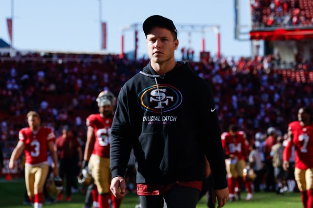 Sep 29, 2024; Santa Clara, California, USA; San Francisco 49ers running back Christian McCaffrey (23) walks off the field after the game against the New England Patriots at Levi's Stadium. Mandatory Credit: Sergio Estrada-Imagn Images/File Photo