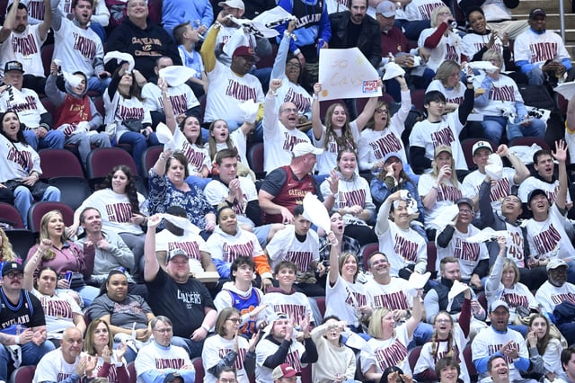 Apr 20, 2025; Cleveland, Ohio, USA; Fans cheer in the third quarter of a game between the Cleveland Cavaliers and the Miami Heat at Rocket Arena. Mandatory Credit: David Richard-Imagn Images/File Photo