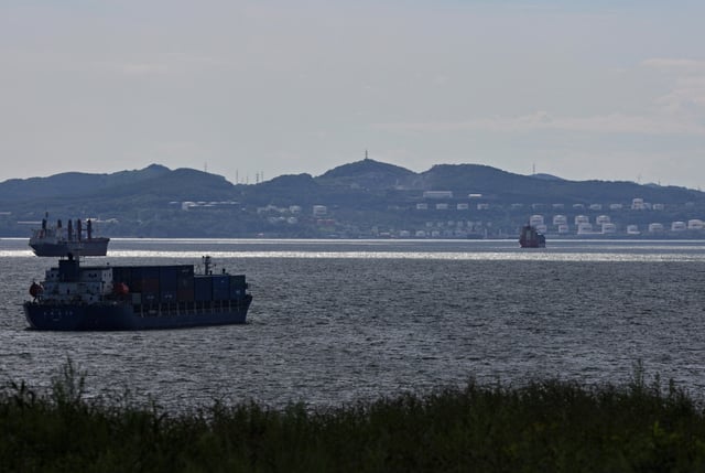 A container ship sails along Nakhodka Bay near the oil terminal in the port city of Nakhodka, Russia August 12, 2022. REUTERS/Tatiana Meel/File Photo