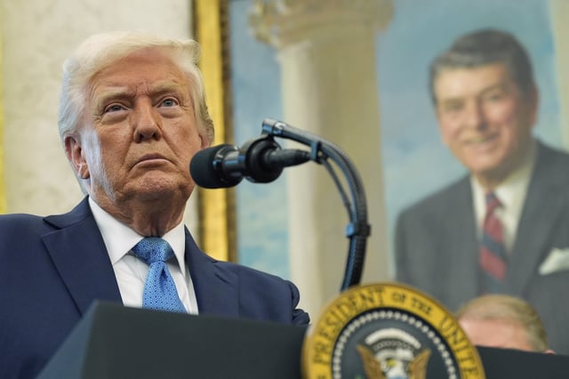 President Donald Trump speaks with reporters as he participates in a ceremonial swearing in of Paul Atkins as chairman of the Securities and Exchange Commission, in the Oval Office of the White House, Tuesday, April 22, 2025, in Washington.