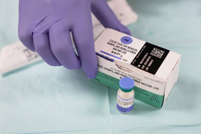 HOUSTON, TEXAS - APRIL 5: A box of biles for Measles Vaccinations offered by Harris Public Health is photographed on Saturday, April 5, 2025 in Houston. (Raquel Natalicchio/Houston Chronicle via Getty Images)