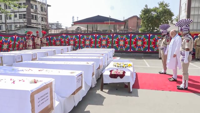 Union Home Minister Amit Shah pays last respects to the deceased of the Pahalgam terror attack, in Srinagar on Wednesday. 