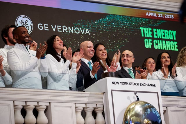 Roger Martella, chief corporate officer & chief sustainability officer for GE Vernova, rings the opening bell at the New York Stock Exchange (NYSE) in New York City, U.S., April 22, 2025.  REUTERS/Brendan McDermid/File Photo
