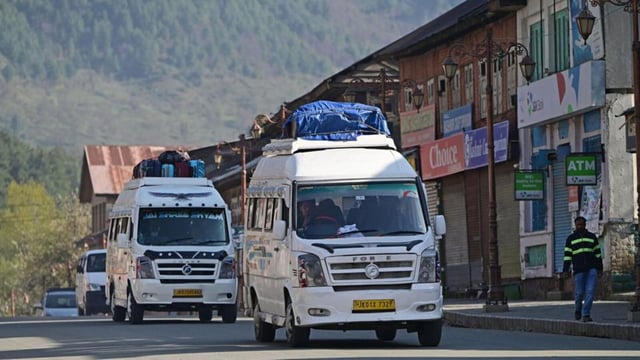 Tourists leaving Pahalgam on Wednesday, a day after the terror attack on the Baisaran meadow left 26 people dead. (Waseem Andrabi/HT)