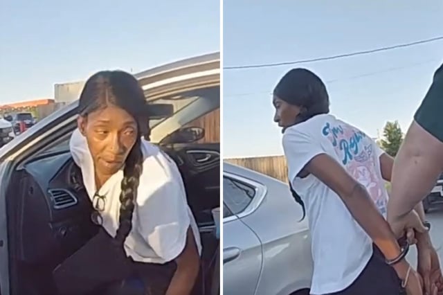 Latrance Battle allegedly showed up at a hotel where the victim worked in Panama City Beach dressed in black, wearing an &#34;ICE&#34; shirt, a black hat, and a white face mask, according to Bay County Sheriff&#39;s Office. Footage shows an officer approaching Battle’s vehicle and instructing her to open the door. When she does not comply, the officer opens the driver’s side door and directs her to exit the vehicle with her hands behind her back. The video concludes as the officer handcuffs Battle.