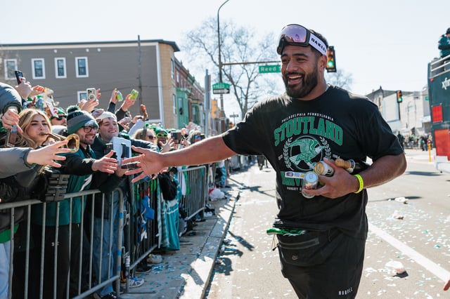 Feb 14, 2025; Philadelphia, PA, USA; Philadelphia Eagles offensive tackle Jordan Mailata (68) celebrates during the Super Bowl LIX championship parade and rally. Mandatory Credit: Caean Couto-Imagn Images/ File Photo