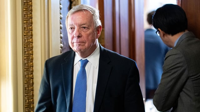 Sen. Richard Durbin, D-Ill., in the Capitol on Tuesday, April 8, 2025. (Bill Clark/CQ-Roll Call, Inc via Getty Images)