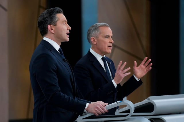 Canadian conservative leader Pierre Poilievre (L) and liberal leader Mark Carney (R) during the English-language federal leaders' debate ahead of Canada's federal election. Credit: The Canadian Press / Alamy Stock Photo