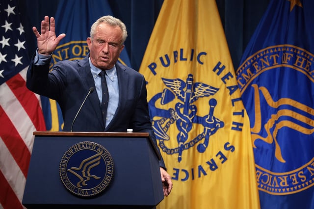 U.S. Secretary of Health and Human Services Robert F. Kennedy Jr. speaks during a news conference at the Department of Health and Human Services on April 16, 2025 in Washington, DC.