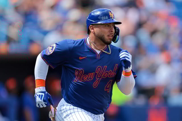 Feb 27, 2025; Port St. Lucie, Florida, USA; New York Mets catcher Francisco Alvarez (4) runs to first base after hitting a single against the Houston Astros during the first inning at Clover Park. Mandatory Credit: Sam Navarro-Imagn Images/File Photo