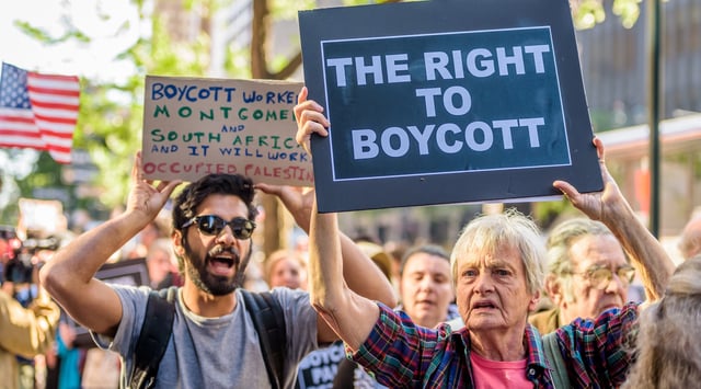 Protesters of anti-BDS laws rally in New York, June 9, 2016. (Erik McGregor/Pacific Press/LightRocket via Getty Images)