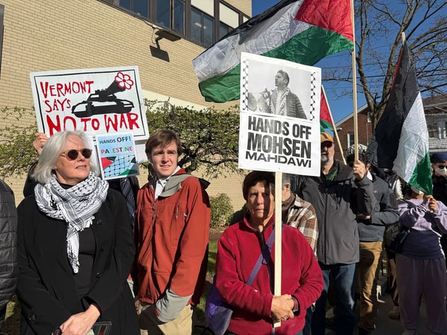 Protesters gather outside federal court in Burlington, Vermont, ahead of a hearing for Mohsen Mahdawi on Wednesday.