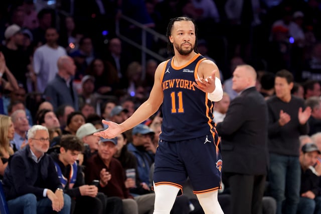 Apr 21, 2025; New York, New York, USA; New York Knicks guard Jalen Brunson (11) reacts during the second quarter of game two of the first round of the 2024 NBA Playoffs against the Detroit Pistons at Madison Square Garden. Mandatory Credit: Brad Penner-Imagn Images/File Photo