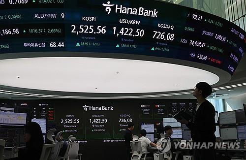 Officials work at a dealing room of Hana Bank in Seoul on April 23, 2025. (Yonhap)