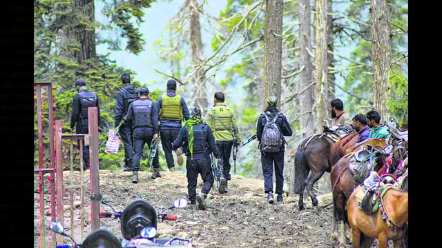 Security personnel near the site of the Pahalgam terror attack. (PTI)